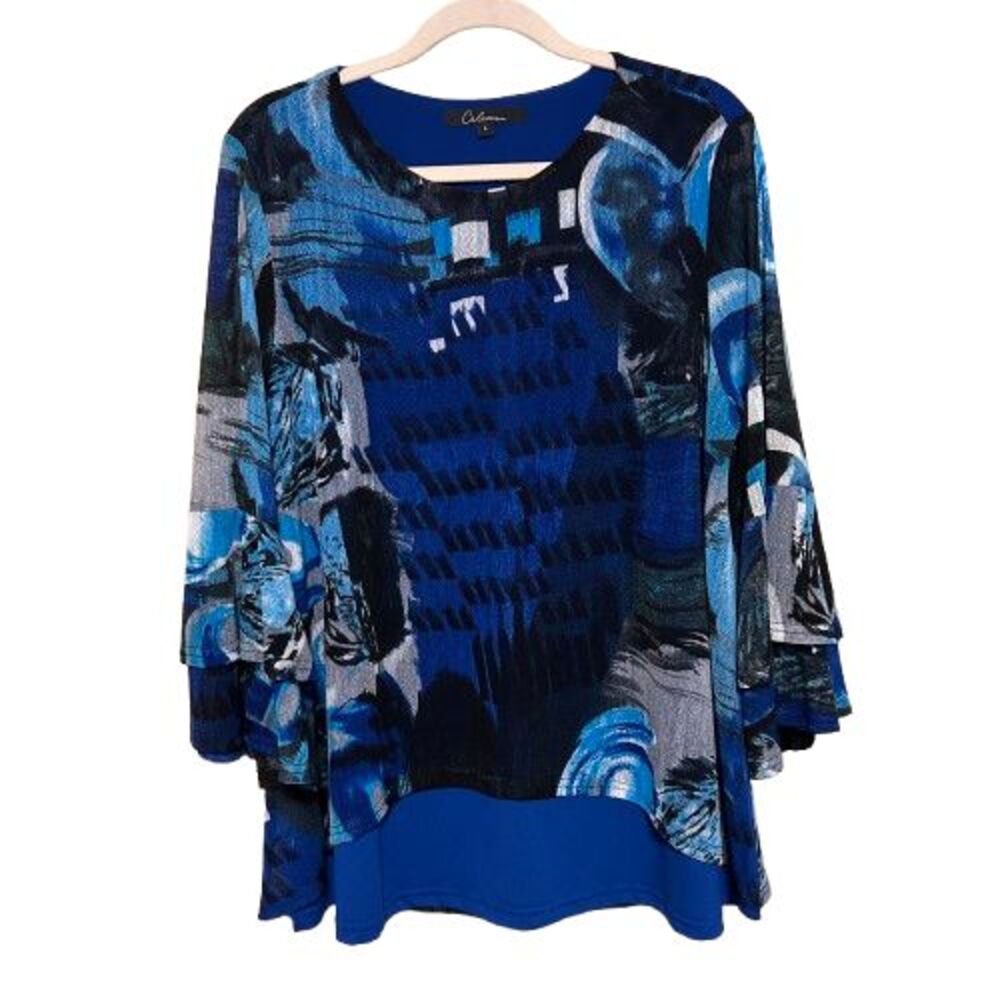 Calessa Mesh Lined Bell Sleeve Top Womens Large Blue Mulitcolored Art to Wear